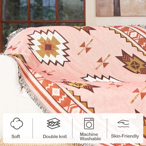 Snycler Boho Throw Blanket for Bed 50 * 60inch Woven Blanket Cotton Polyester Farmhouse Decor for Indoor Outdoor Sofa Bedroom Garden，All Season(Pink) Pink 50x60inch