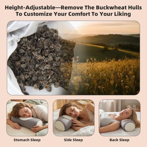 Buckwheat Neck Roll Pillow, Adjustable Cervical Neck Bolster (Khaki) Khaki
