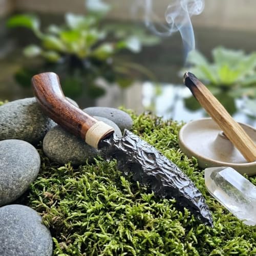 10" Handcrafted Black Obsidian Knife – Hand-Knapped Stone Blade with Carved Wooden Handle – Decorative Athame for Rituals, Altar Decor & Metaphysical Healing