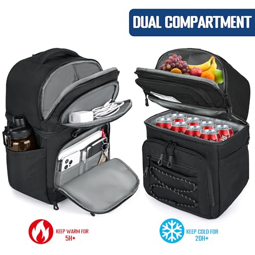 MOZETO Lunch Cooler Backpack Double Deck Lunch Box Backpack Insulated Leakproof Compartments Coolers Bag for Beach Travel Picnic Lunch Hiking BBQ Camping Black