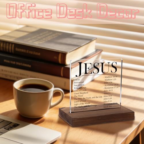 Names of Jesus Acrylic Plaque, Christian Bible Verse Gift for Believers, Inspirational Religious Keepsake for Men, Women, Transparent Acrylic Plaque with Wooden Stand, LYY152