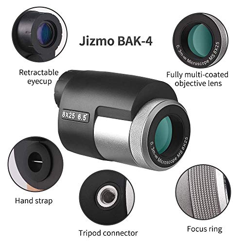 Jizmo 8x25 High Definition Monocular Telescope, Close Focus 1 ft, Fully Multi Coated Optical Lens BAK4 Prism, Mens Gift Wide View Monocular for Bird Watching Travel Sports Events