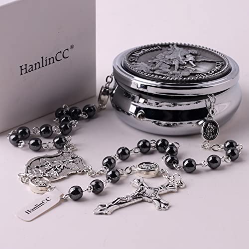 HanlinCC Catholic Rosary Saint Michael Hematite Bead Necklace with Gift Box