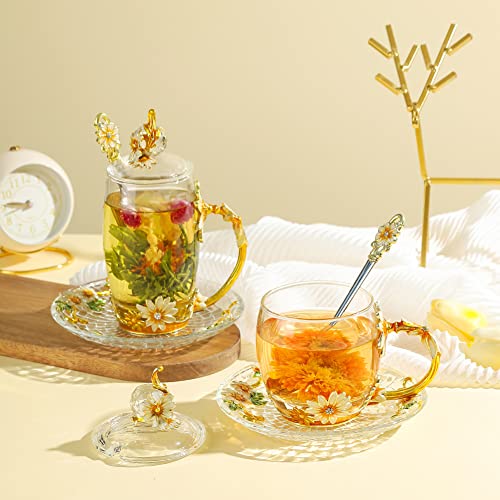 Floral Yellow 12oz Hand Painted Glass Teacup with Lid, Spoon & Saucer - Gift for Mom, Teacher, Lovers - Christmas, Valentine's Day, Mother's Day 12oz Crystal Daisy