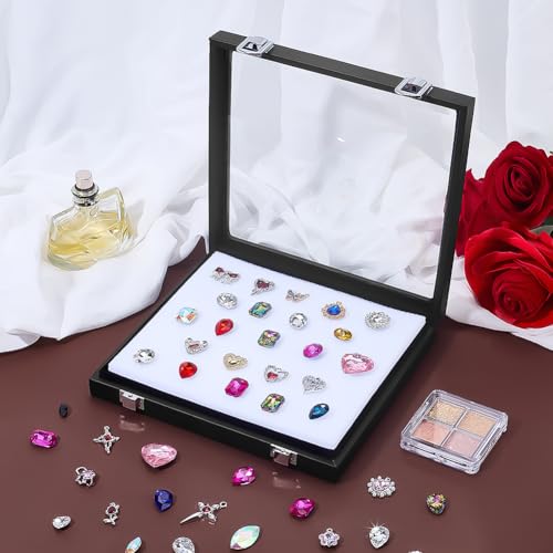 PH PandaHall Diamond Storage Box Leather Jewelry Display Case Gemstone Display Box Gem Containers Boxes Glass Top Jewelry Organizer with Sponge and Clasp for Collectible Rhinestone Crystal Showcase