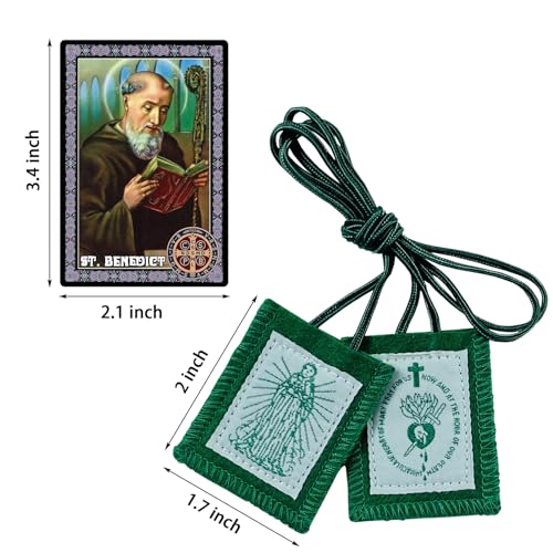 Scapulars Catholic, 3-Pack Green Scapular of Immaculate Heart of Mary, Escapularios Catolicos, Religious Gift for Women, Includes Blessed Saint Benedict Prayer Card 3 Pack