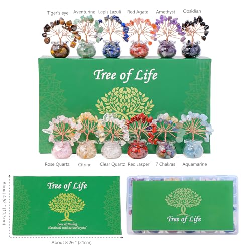 Runyangshi 12pcs Chakra Crystal Tree Set - Fengshui Money Tree with Gemstones, Glass Base, Natural Crystal and Healing Stones for Home Office Decor