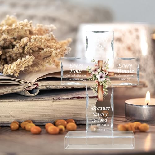 WEBEEDY Floral Acrylic Cross Christian Religious Gift for Women Men, Biblical Verse Standing Coss Decor with Base, Bible Scripture Inspiration Gifts Home Office Desk Decor, 10x15cm