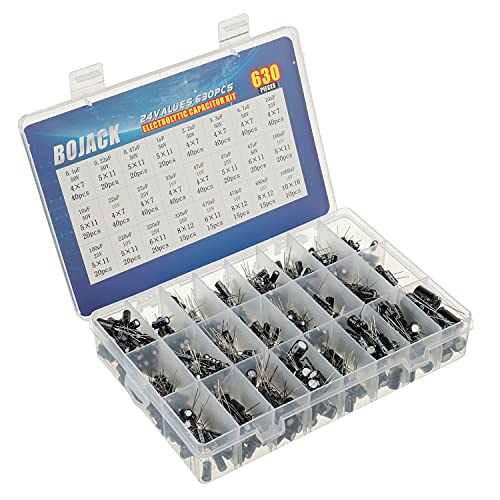 BOJACK 24 Value 630 Pieces Capacitor Electrolytic Capacitor Assortment Kit Including Model Number 0.1uF-1000uF