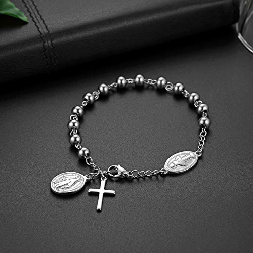 Flongo Cross Rosary Beads Bracelet, Vintage Stainless Steel Jesus Christ Crucifix Cross Bracelet for Men Women Christmas Wedding Silver