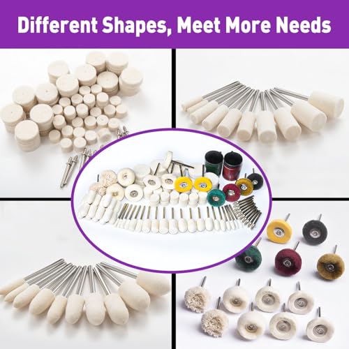 Pack of 116 Wool Felt Polishing Discs Compatible with Dremel, Wool Felt Mounted Mandrel Polishing Set with 2 Polishing Paste, 1/8 Inch Shaft Polishing Accessories, Suitable for Grinding and Polishing Metal Jade Glass 116 pieces wool felt polishing discs