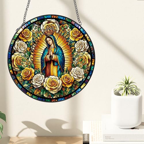 Virgen de Guadalupe Crowned Yellow White Roses Stained Glass Suncatcher Guadalupe Yellow White Roses