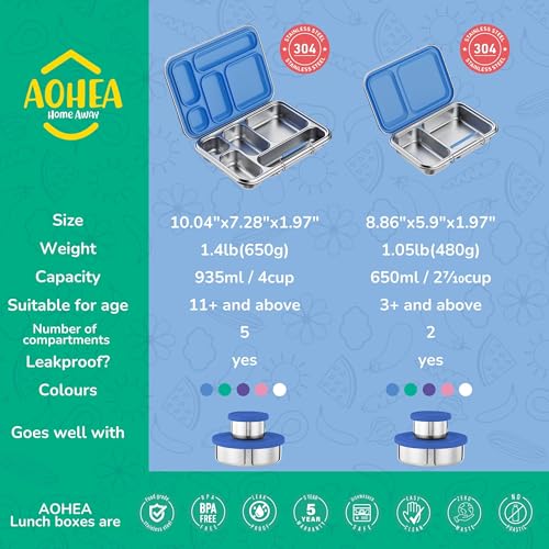 AOHEA Stainless Steel Bento Box Kids, Kids Metal Bento Lunch Box BPA Free Lunch Box Containers 304 Stainless Steel Bento Box for School and Office(Bule) Blue-05