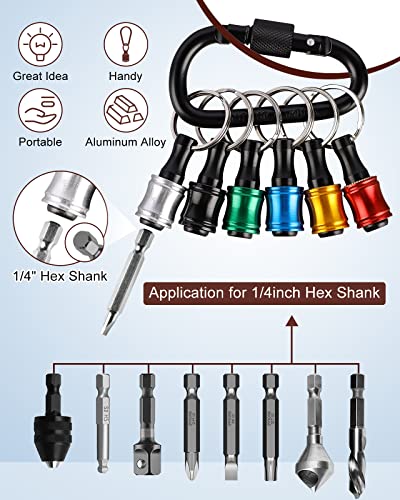 Katerk Portable 1/4 in Hex Shank Drill Bit Holder 8 Sets (48 pcs), Light-Weight Extension Bar Keychain Adapter, Quick-Change Screwdriver Bits Retainer for Tool Pouch (6 Colors Black Carabiner) Multicolor