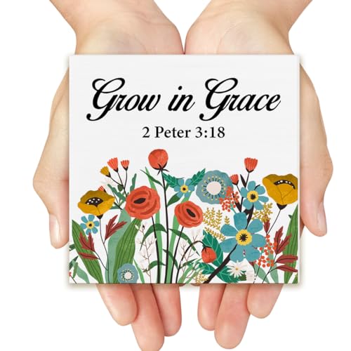 Christian Desk Decor Farmhouse Grow in Grace Scriptures Floral Wood Box Sign Bible Verse Decorations Rustic Home Desk Shelf Tabletop Decor 5 x 5 Inches yf-16