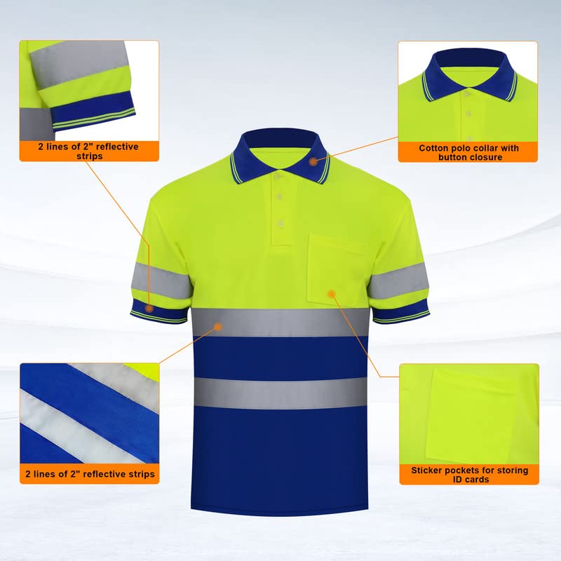 ZUJA Safety Hi Vis Polo Shirts Short Sleeve with Bright Visibility Tape Moisture Wicking Shirts Mens Construction Protective Workwear (Yellow&Blue,3XL)