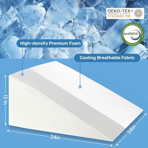 puredown® 12" Bed Wedge Pillow, Cooling Wedge Pillows for Headboard, Pillow Wedge for Nighttime Acid Reflux, Lumbar & Back Support, Leg Elevation Therapy, Snore Reduction Aid.White White 24*24*12 Inch