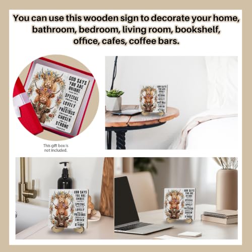 Highland Cow Decor Wooden Sign, Inspirational Religious Gifts for Women Highland Cow Bible Verse Sign