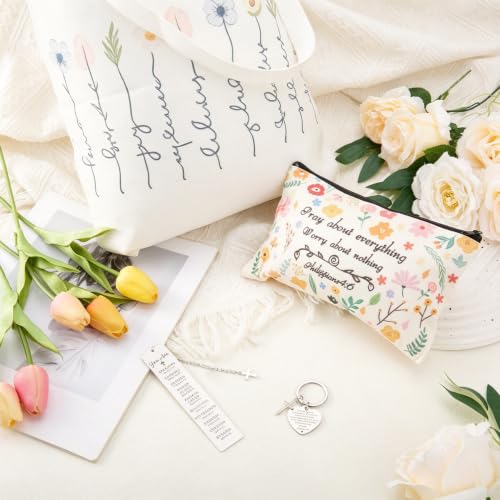 Baptism Gifts for Women - 4PCS Christian Gifts, Christian Cosmetic Bags, Flowers Bible Shoulder Bags, Bible Verse Keyring and Bookmark, Reusable Shopping Bag for Women,Religious Present for Communion