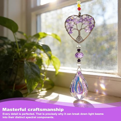 Tree of Life Natural Chakra Healing Crystal Window Decor, Amethyst Sun Catchers for Windows, Gemstone Pendant Rainbow Maker Hanging Crystal Spiritual Gifts for Women, Window Decor