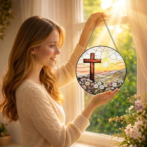 8 Inch Stained Glass Cross Sunset for Windows Hanging, Stained Glass Gift, Christian Gifts, Religious Gifts, Christian Cross, Window Decor, Religious Faith Gift for Easter, Mother's Day, Christmas Cross & Sun