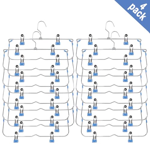 Skirt Pants Hangers with Clips,6Tier Skirt Hangers Space Saving,Metal Multi Pants Hangers and Storage Multi Clothes Shorts Hanger Organization,Space Saving Hangers with Clips (Blue, 4-Piece Set) Blue