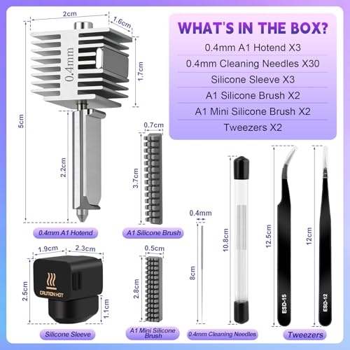 42 PCS 3 Sets Upgrade Hotend Kit, 3D Printer Print Head Hot End Heating Block Kit with 0.4 Hardened Steel Nozzle, Silicone Cover, Silicone Brush, Cleaning Needles for Bambu Lab A1/A1 Mini 3D Printer 0.4mm 3Sets