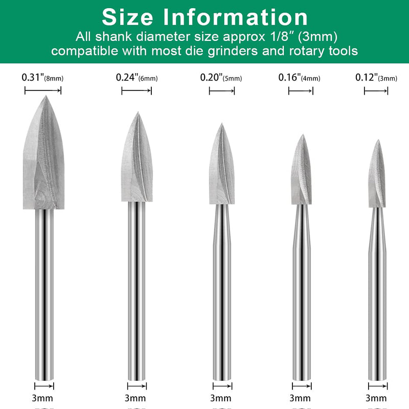 [Australia - AusPower] - Wood Carving Tool, 5 Pieces HSS Engraving Tool, Wood Cutter Set for Dremel Rotary Tools Accessories with 3 mm Shank for Wood Carving, Drilling 
