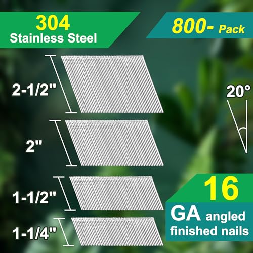 Toicann 16 gauge 20-degree angled finish nails, 800-pack in 1-1/4 to 2-1/2-inch sizes