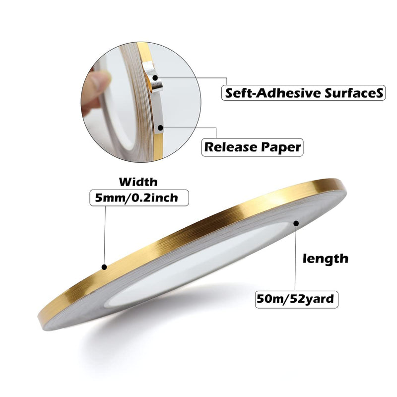 Gold Duct Tape, Metallic Mylar Film Tape, 5mmX 164 Ft. Vinyl Pinstripe Tape for Detailing Accent Wall, Wardrobe, Bathroom, Floor, Tile, Car, Graphic Arts - Stripe Stickers Decals (5mm) 5mm