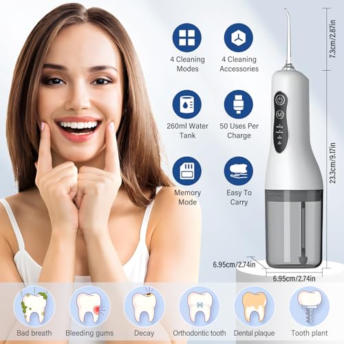 Wireless Electric Oral Irrigator, Professional Water Flosser, 4 Modes & 4 Nozzles, IPX7 Waterproof, 1300 mAh USB-C Rechargeable Water Flosser, 260 ml Interdental Cleaner Electric