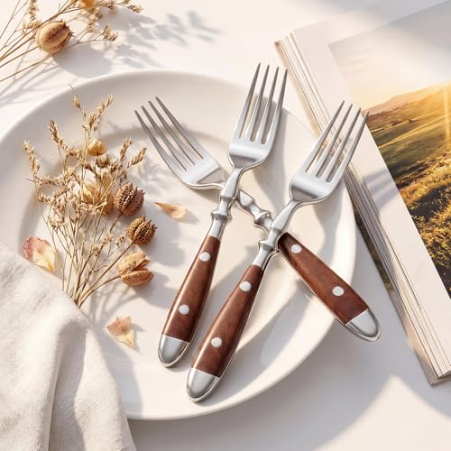Dinner Forks, 8-Pack Stainless Steel with Wood Grain Bakelite Handle, 7.9 Inches for Salad, Noodle, Dishwasher Safe