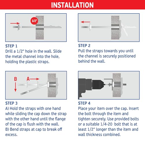 1/4" Heavy Duty Toggle-Bolt Strap Drywall Anchors (12 Pack) w/ 12 Steel Threaded Studs, 3/8" to 3-5/8" Grip Range, for 1/4"-20 Fastener Size, 240lb in 3/8-1/2" & 300lb in 5/8" Drywall Holding Strength