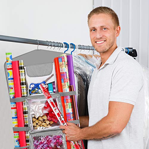 ProPik Hanging Double Sided Christmas Gift Wrapping Paper Storage Organizer With Multiple Pockets Organize Your Gift Wrap, Gift Bags Bows Ribbons 40"X17" Fits 40 Inch Rolls Clear PVC Bag 1 Unit (Grey) Grey