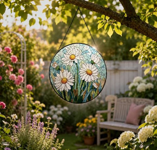 White Daisy Farmhouse Stained Glass Suncatcher Window Hanging Color02