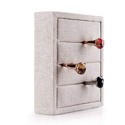 Oirlv linen 3 Slots Ring Earrings Display Trays Showcase Jewelry Organizer (creamy-white,square) (Pack of 2) square (Pack of 2)