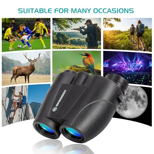 BRESSER 10x25 Binoculars for Adults and Kids, Folding Compact Binocular with Weak Light Vision, Lightweight Small Binoculars for Bird Watching, Travel, Concerts, Hunting, Hiking, Black