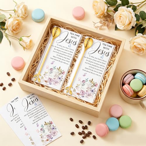 50 Sets Christian Tea Party Favors Stainless Steel Leaf Tea Spoons with Prayer Cards Clear Bags, Religious Gifts for Women Ministry Mothers Day Easter Church Christmas Birthday Family Reunion Gifts Gold 50 Jesus and Tea