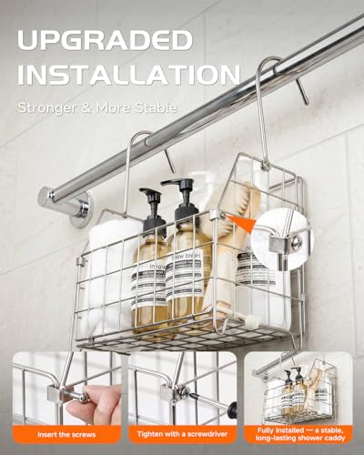 Large Rustproof Shower Caddy Hanging, 304 Stainless Steel Hanging Shower Organizer Basket for Bathroom & Bathtub, Over the Rod Shower Rack for Shampoo, Conditioner, Soap & Bath Accessories(Silver) Silver