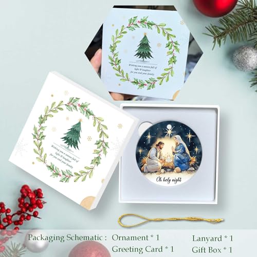 Oh Holy Night Ornaments Round Ceramic Birth of Jesus Mary Joseph Christ Ornament Christmas Keepsake Decor for Christmas Tree Winter Holiday Xmas Gift for Women Men Xmas Hanging Ornament 3" Nativity Night #H056