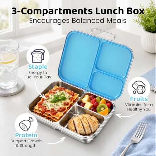 Pawtong Stainless Steel Bento Box for Kids and Adults, 3 Compartment Leakproof Lunch Box with Removable Silicone Seal and Silicone Contianer, Metal Lunch Container for School, Work and Travel (Blue) Blue