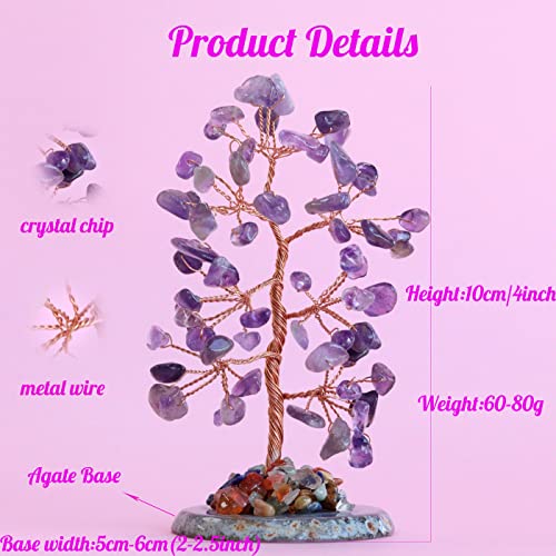 Amethyst Healing Crystal Tree of Life Natural Gemstone Agate Slice Base Copper Wire Wrapped Money Trees Feng Shui Reiki Spiritual Energy Decorations Home Office Room Desk Decor Gifts for Women Men Purple-amethyst