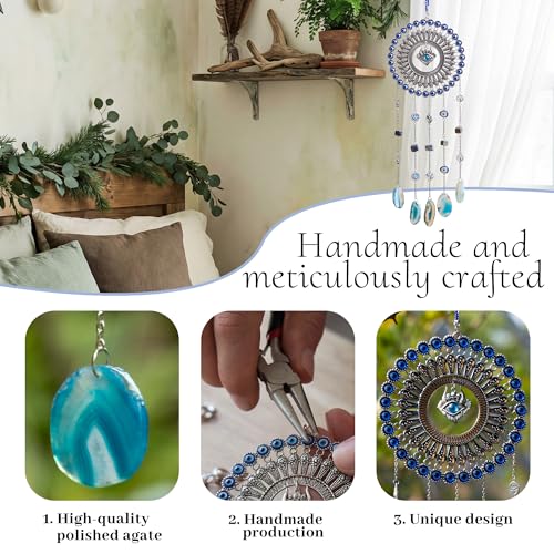 Evil Eye Dream Catcher, Handmade Blue Agate Stone Catcher with Crystals Evil Eye
