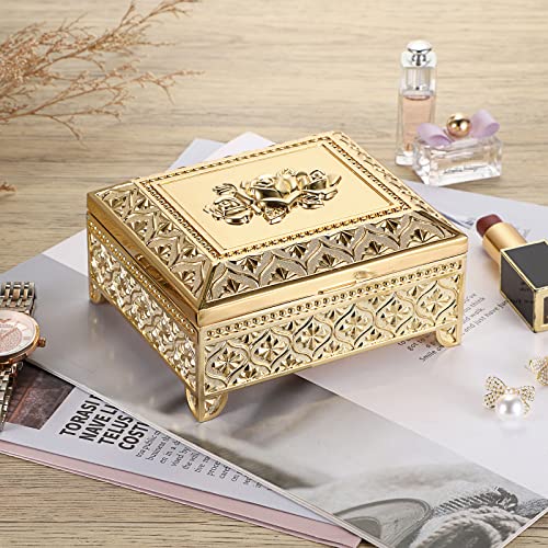 Hipiwe Gold Vintage Jewelry Box Rectangle Metal Trinket Organizer for Women Medium