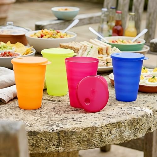 Tupperware Brand Impressions 16 oz Tumblers - Set of 4 - Dishwasher Safe & BPA Free - Mess-Free Reusable Plastic Cups with Lids
