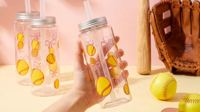 24 Pcs Soccer Plastic Cups with Lids, Straws, and Pink Ribbon, 13.5 oz Pink Bow Sports Theme Party Clear Drinking Cups Reusable Tumblers for Birthday Sports Party Team Gifts