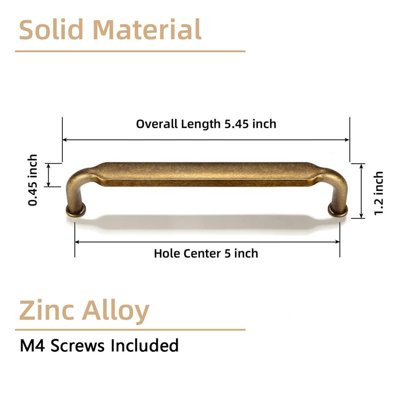 Goo-Ki 5 Inch Hole Center Antique Brass Zinc Alloy Cabinet Pulls Kitchen Cabinets Hardware, 6 Pack Vintage Brass Solid Cabinet Handles Drawer Pulls 5 Inch Hole Centers