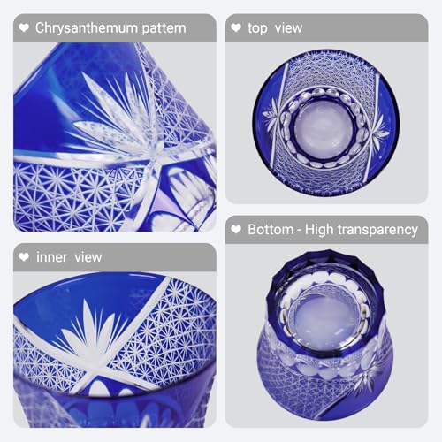 Japanese Whiskey Glass, Edo Tokyo Kiriko Style, Cobalt Blue Hand-Cut blue-022-01 1