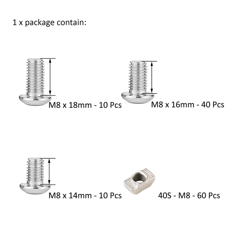 [Australia - AusPower] - 120Pcs 4040 Aluminum Extrusion Hardware Kit - M8 T Slot Nuts & Bolts 10Pcs M8x14, 40 M8x16, 10 M8x18, 60Pcs 40 Series M8 Drop-in T Nuts, Compatible with 4040 4080 Extrusion Accessories 