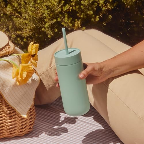 Fellow 20 oz Carter Cold Tumbler – Spill-Resistant Straw Lid, Stainless Steel Vacuum-Insulated Cup with Ceramic Interior and Reusable Straw for Cold Drinks,Fits Cup Holders,Dishwasher Safe,Matte Black Matte Black